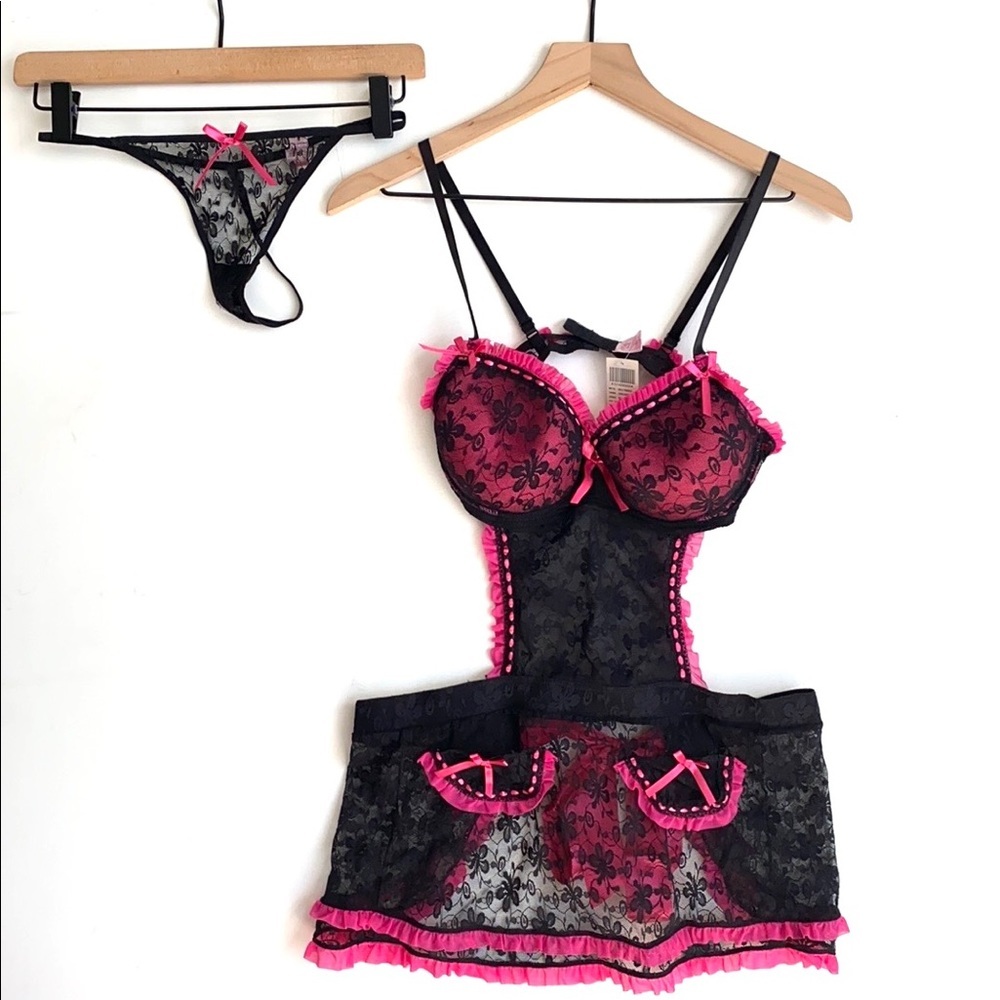 Native Intimates"Pink & Black lace Baby Doll‎ Dress